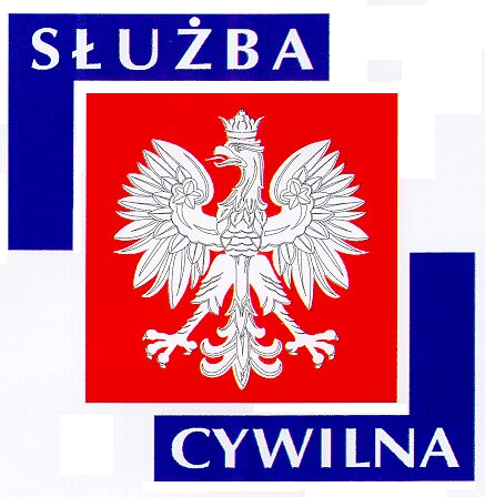 Logo Służby cywilnej, u góry po lewej, na niebieskim tle biały napis 