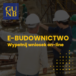 Logo serwisu e-budownictwo, po kliknięciu w link nastąpi przekierowanie do strony umożliwiającej wypełnienie wniosku on-line